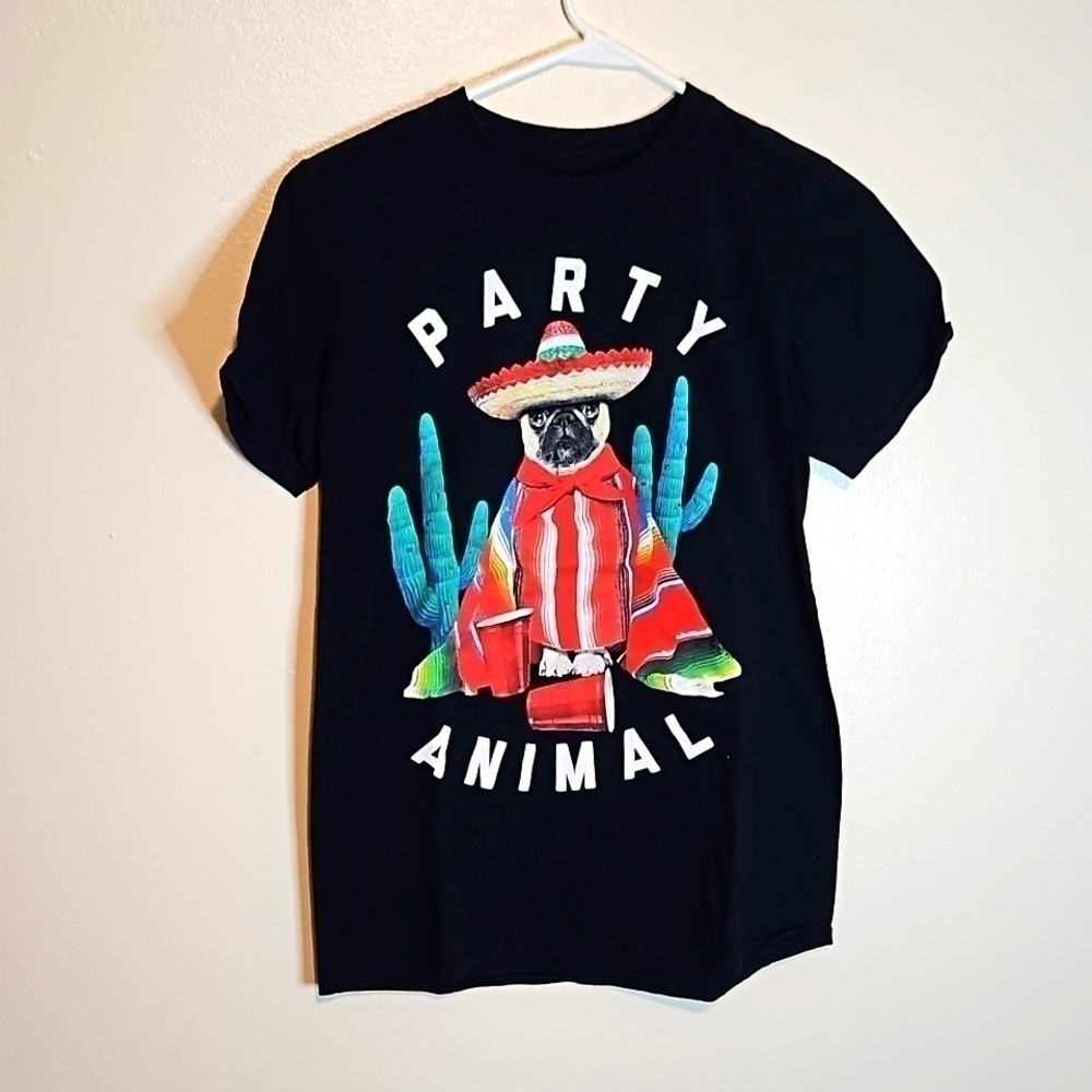 Awesome Sauce Party Animal Pug Graphic Tee Black Shirt Size Small